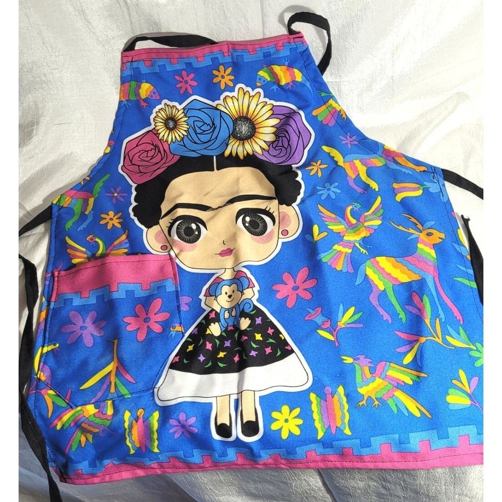 Mandil Mexican Frida Cartoon Character Otomi Cotton Apron w/ Pocket Pattern‎ #4